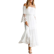 Best Quality White One Word Shoulder Lace Patchwork Sleeve Long One Piece Casual Dress